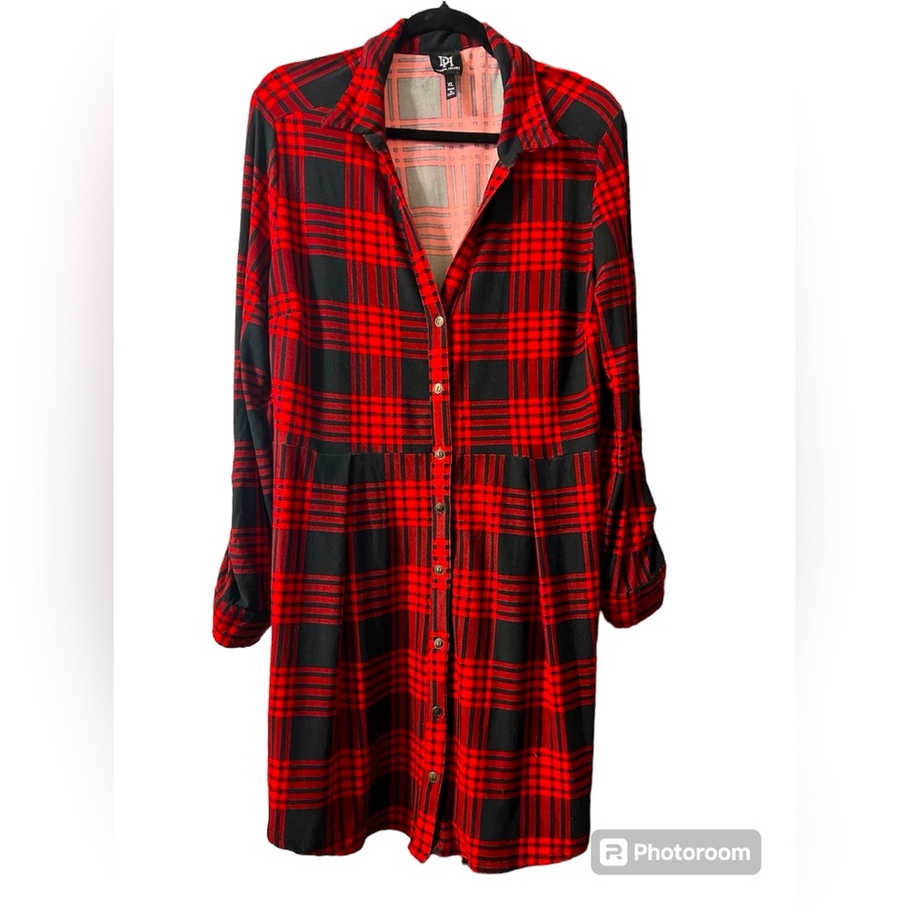 Plaid Button-Front Shirt Dress in Red and Black